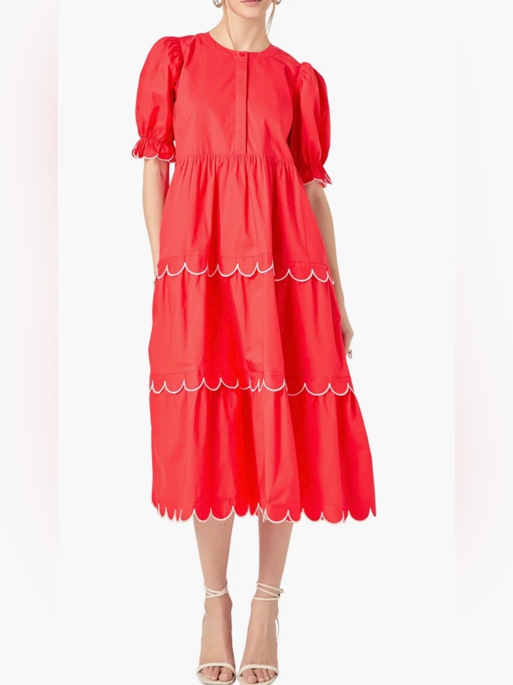NWOT ENGLISH FACTORY Red Scalloped Tiered Midi Dress